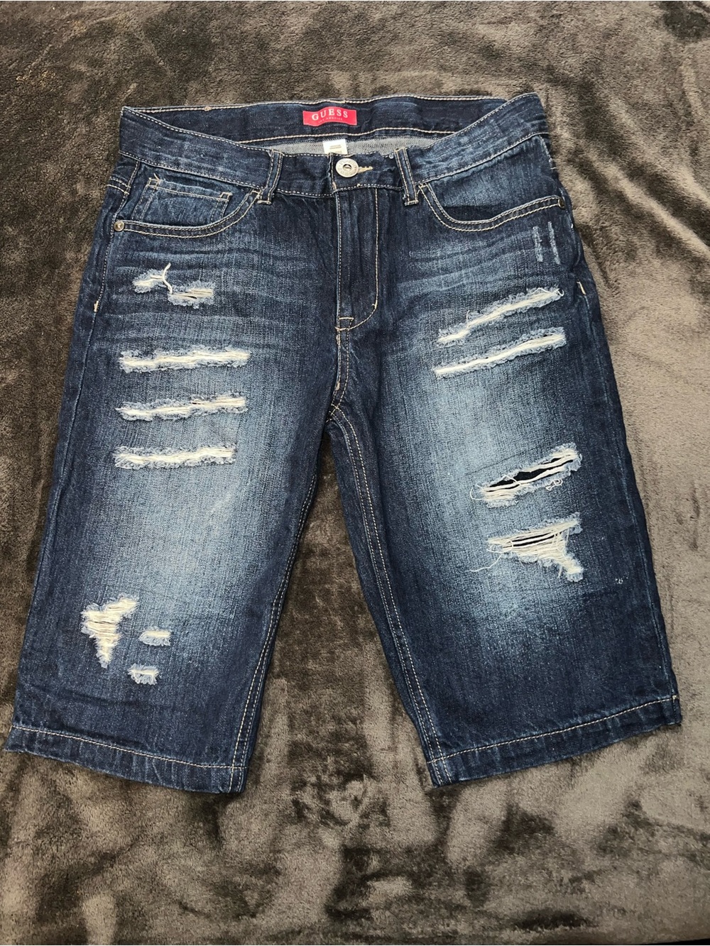 Guess Men's Distressed Dark Blue Denim Shorts
